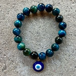 10mm Blue Tiger’s Eye And Evil Eye Pendant Beaded Bracelet